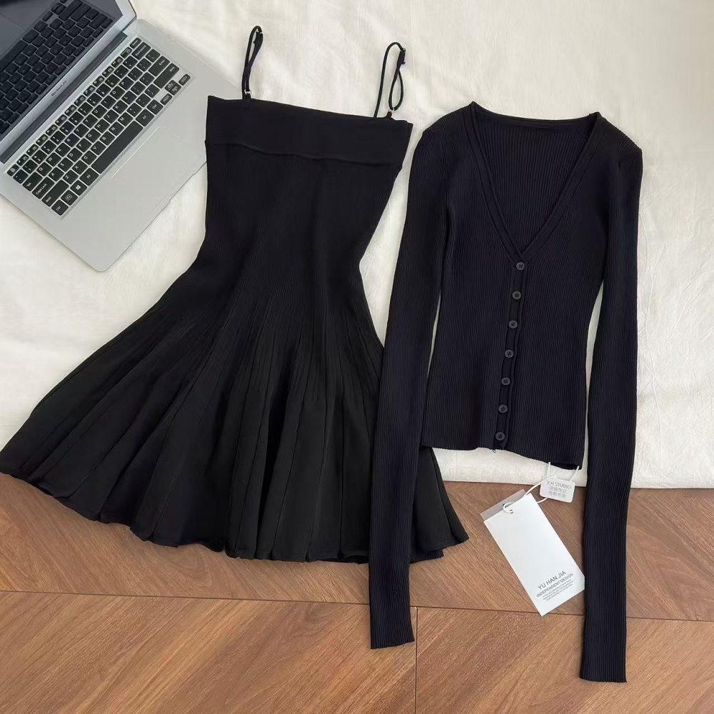 Pleated A-line strap dress slim cardigan 2pcs set for women