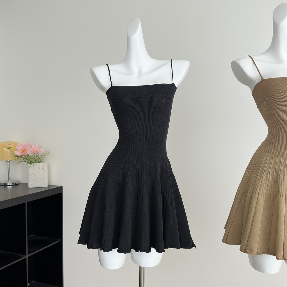 Pleated A-line strap dress slim cardigan 2pcs set for women