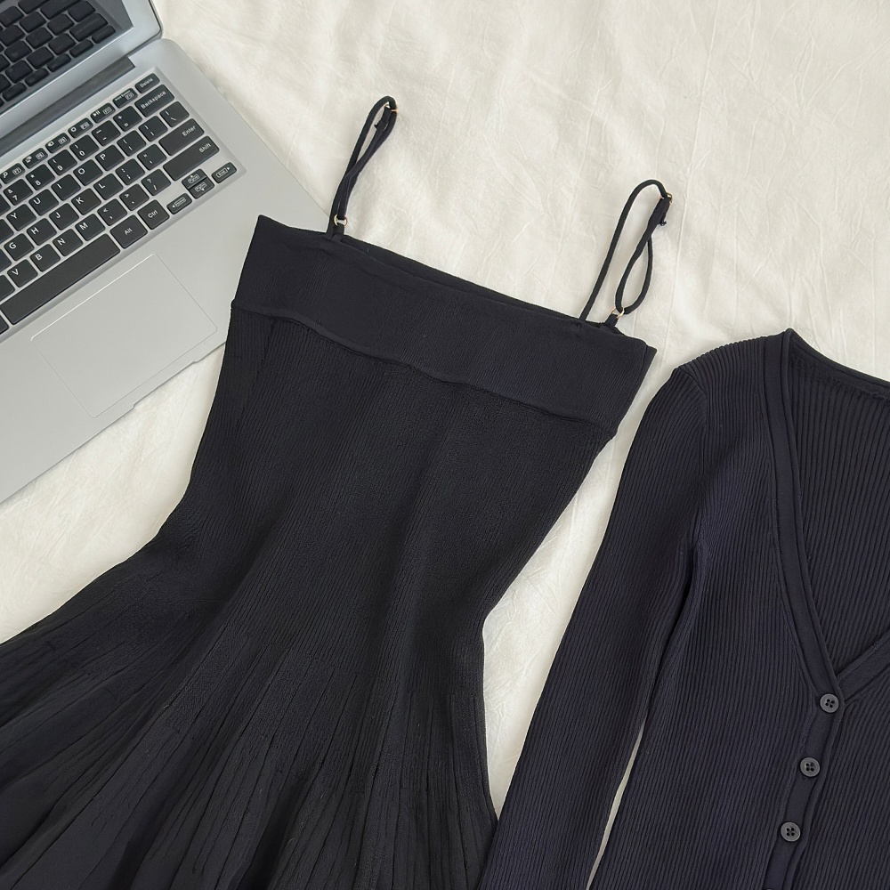 Pleated A-line strap dress slim cardigan 2pcs set for women