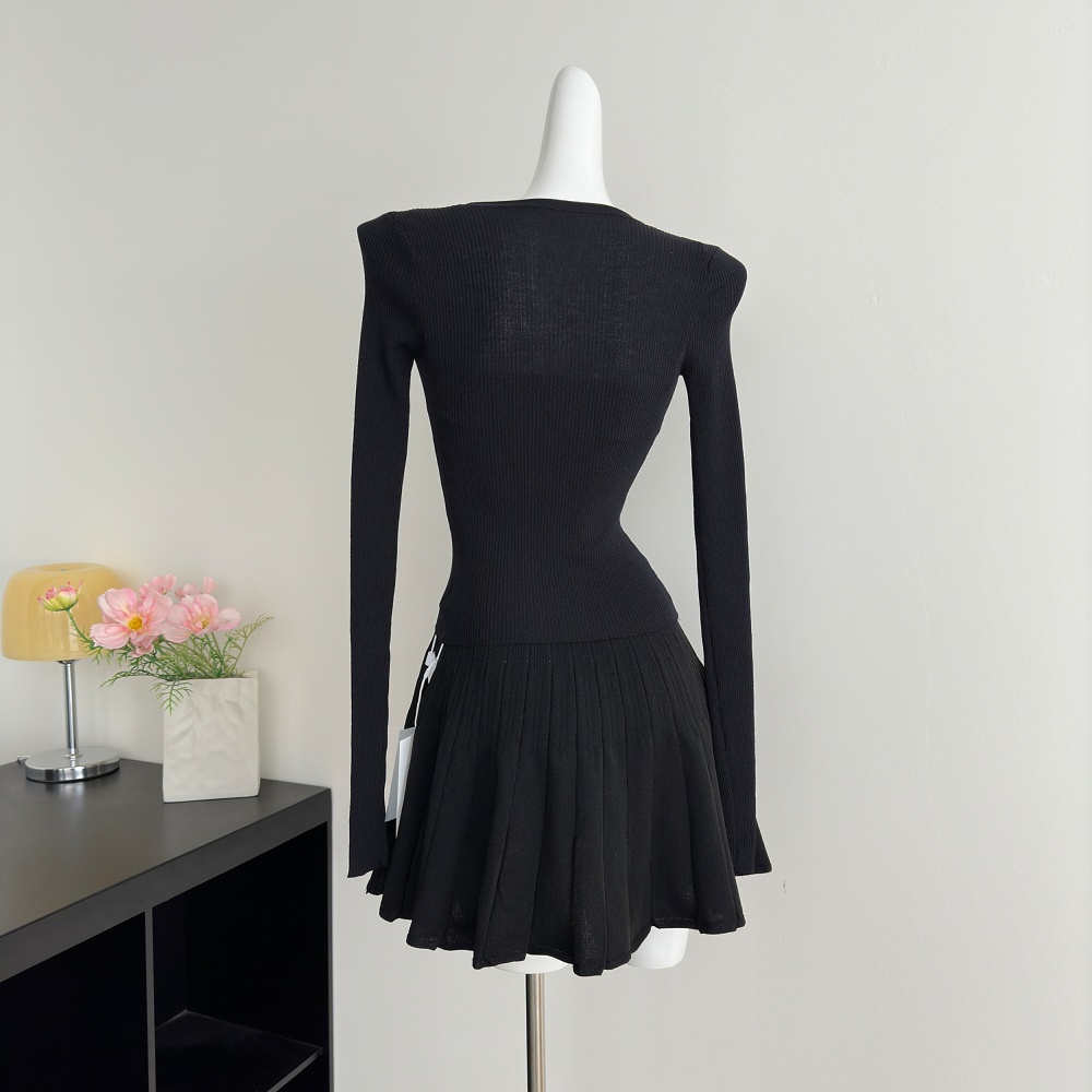 Pleated A-line strap dress slim cardigan 2pcs set for women