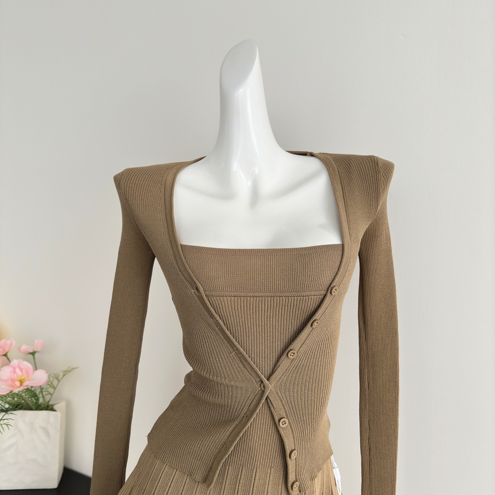 Pleated A-line strap dress slim cardigan 2pcs set for women