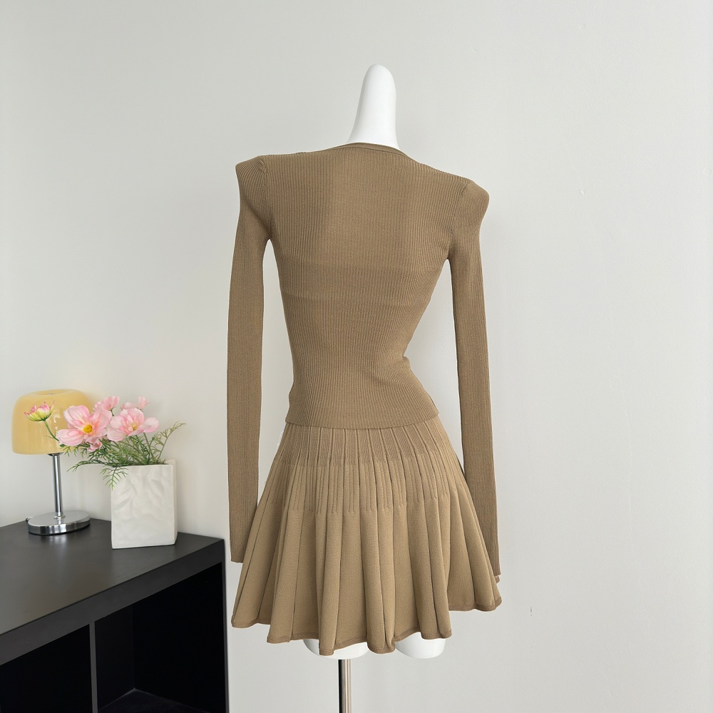 Pleated A-line strap dress slim cardigan 2pcs set for women