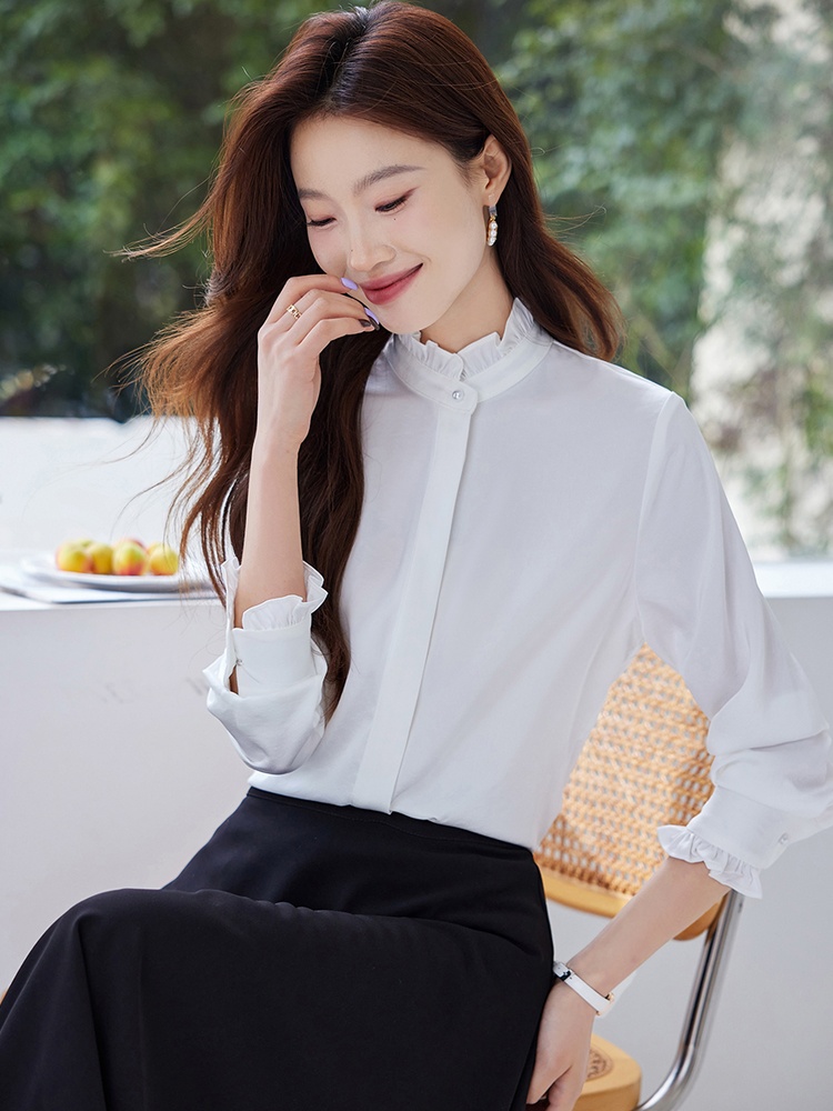 Autumn satin small shirt bottoming wood ear shirt for women