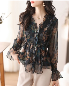 Cover belly V-neck chiffon shirt floral tops for women