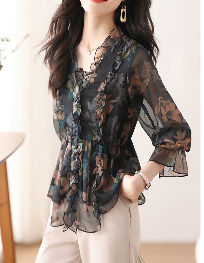 Cover belly V-neck chiffon shirt floral tops for women