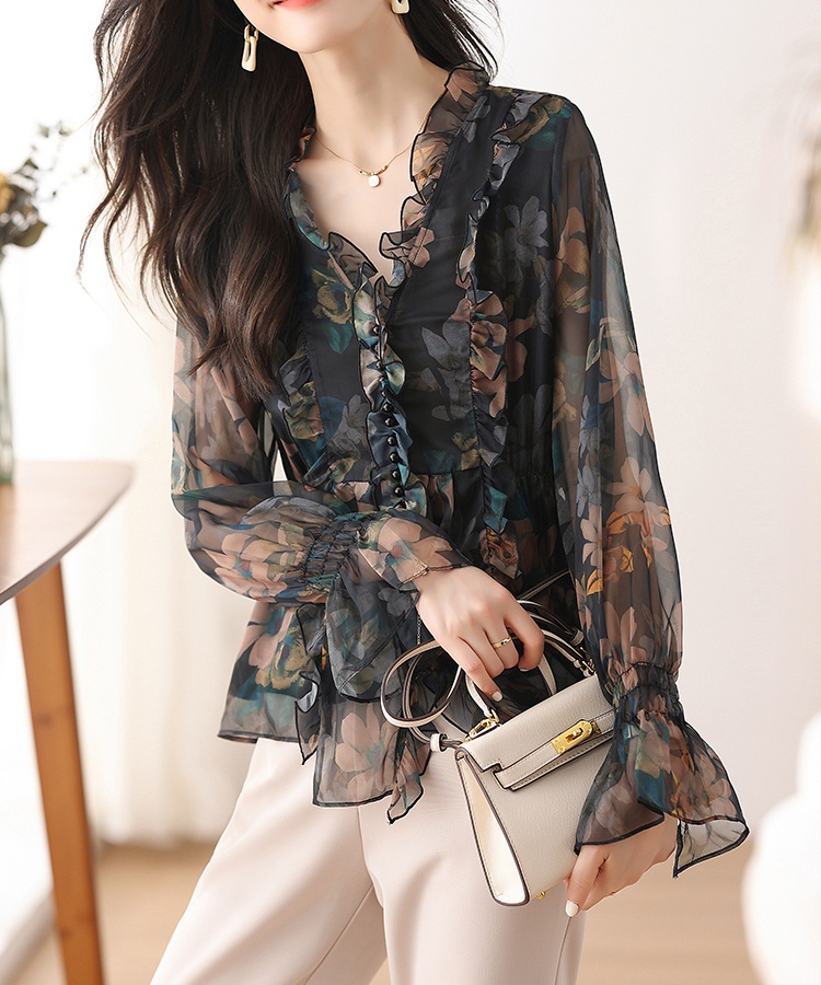 Cover belly V-neck chiffon shirt floral tops for women