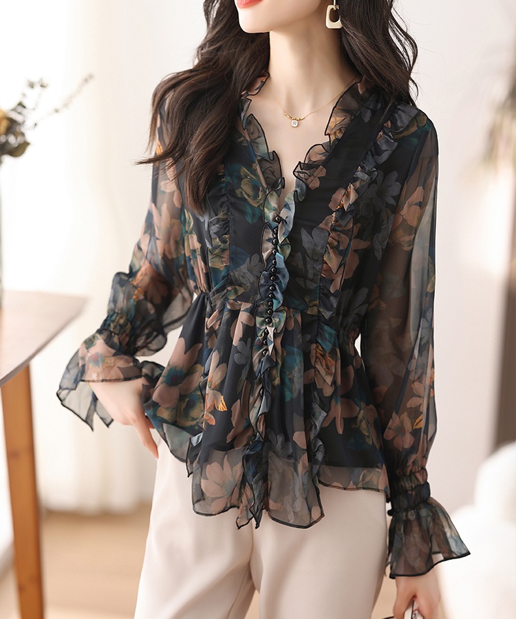 Cover belly V-neck chiffon shirt floral tops for women