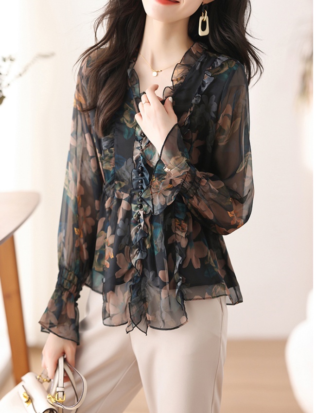 Cover belly V-neck chiffon shirt floral tops for women