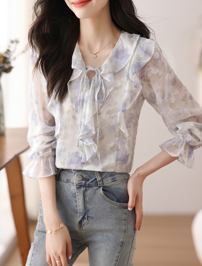 Unique floral tops France style chiffon shirt