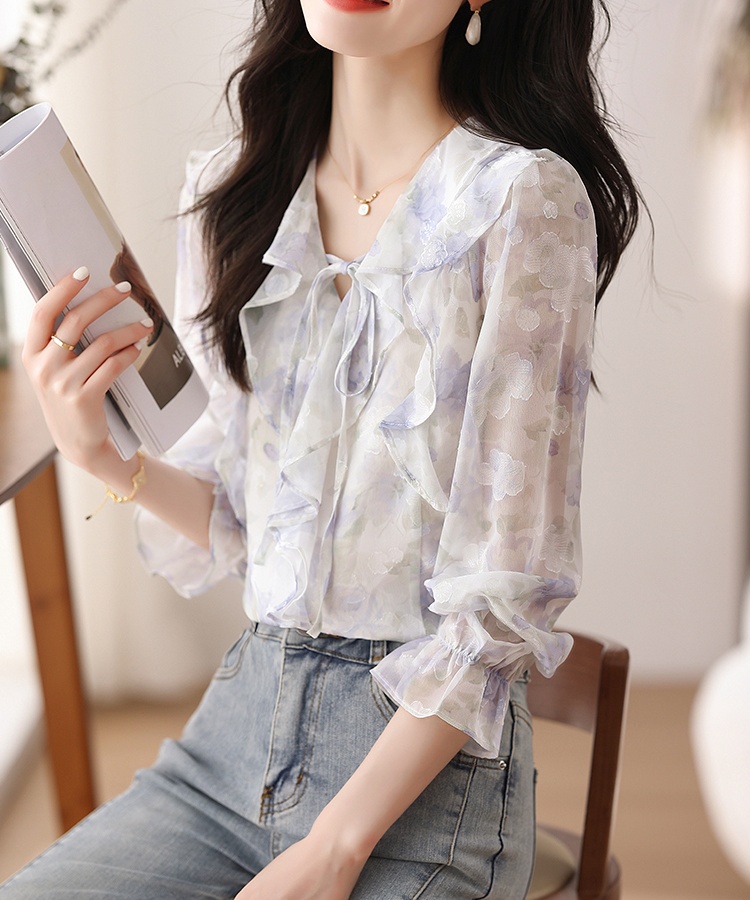 Unique floral tops France style chiffon shirt