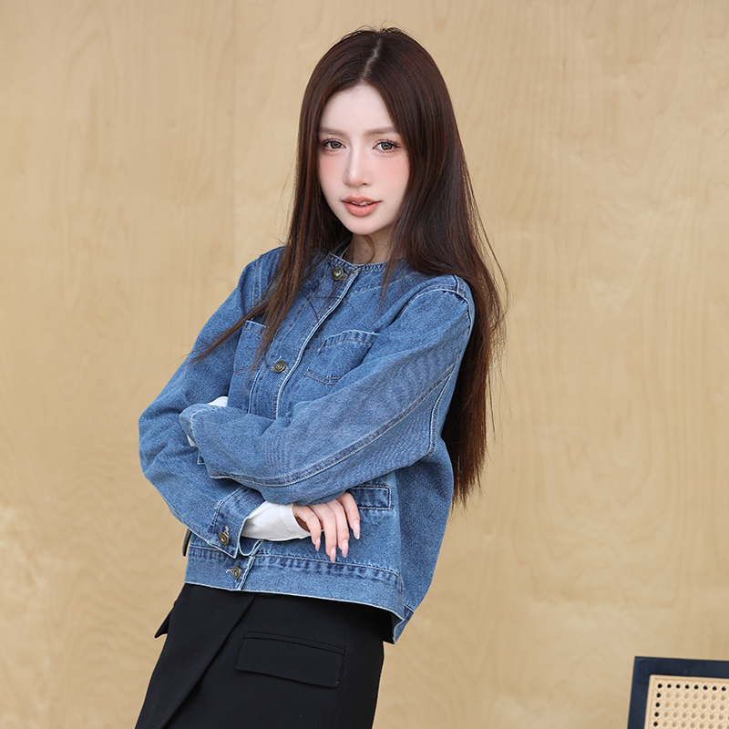 Denim many pocket niche tops round neck all-match coat