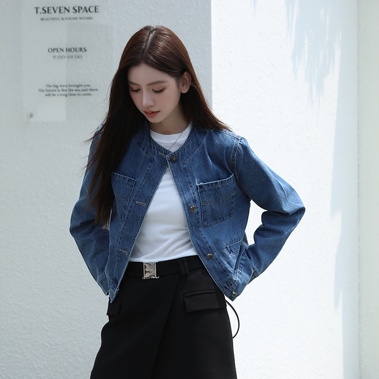 Denim many pocket niche tops round neck all-match coat