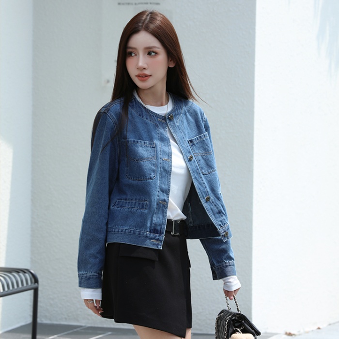 Denim many pocket niche tops round neck all-match coat