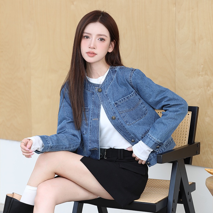 Denim many pocket niche tops round neck all-match coat