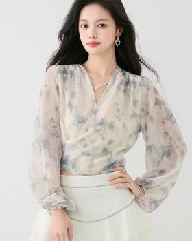 Cross ink pinched waist chiffon shirt autumn lantern sleeve shirt