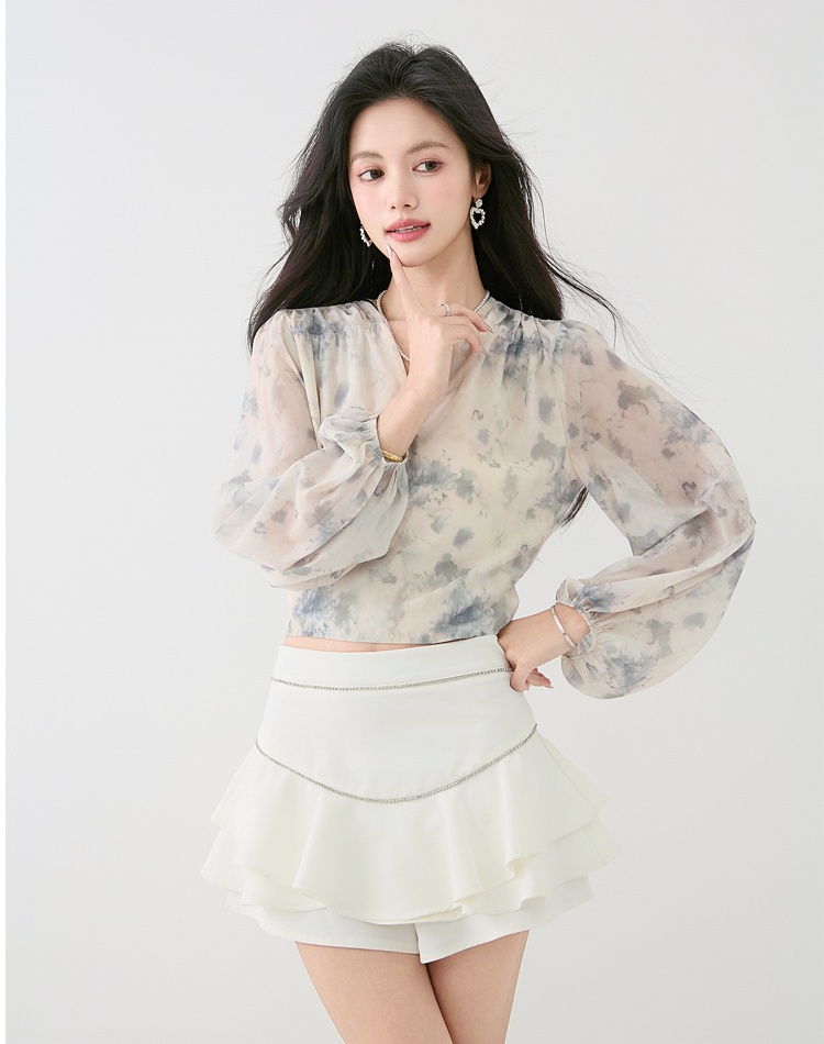 Cross ink pinched waist chiffon shirt autumn lantern sleeve shirt