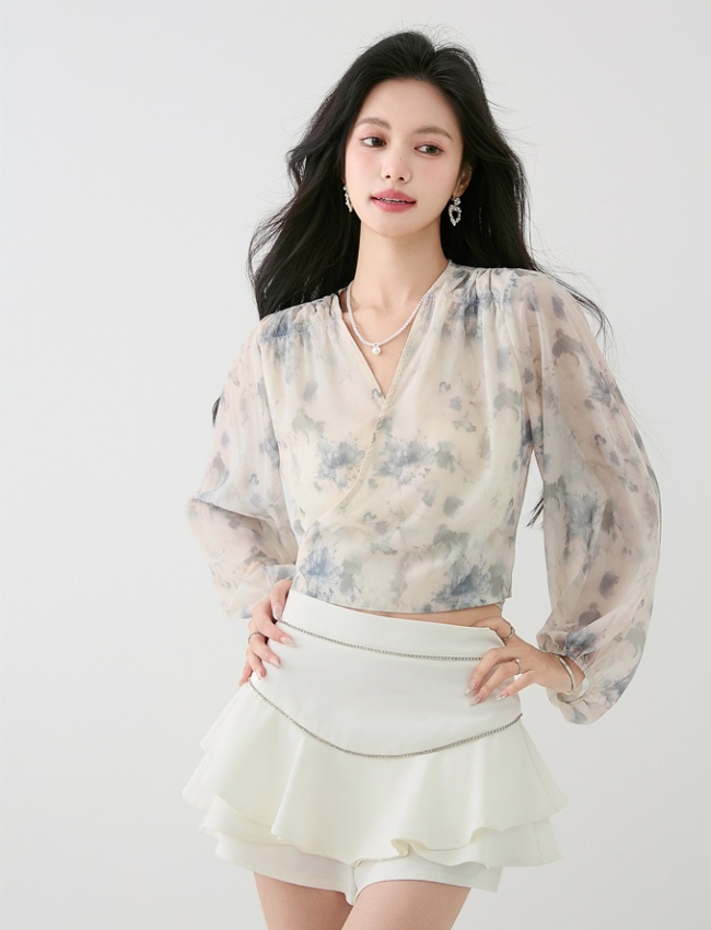 Cross ink pinched waist chiffon shirt autumn lantern sleeve shirt