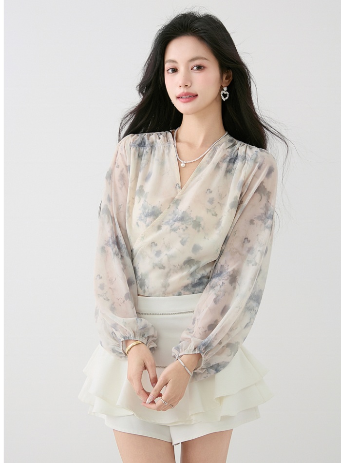 Cross ink pinched waist chiffon shirt autumn lantern sleeve shirt