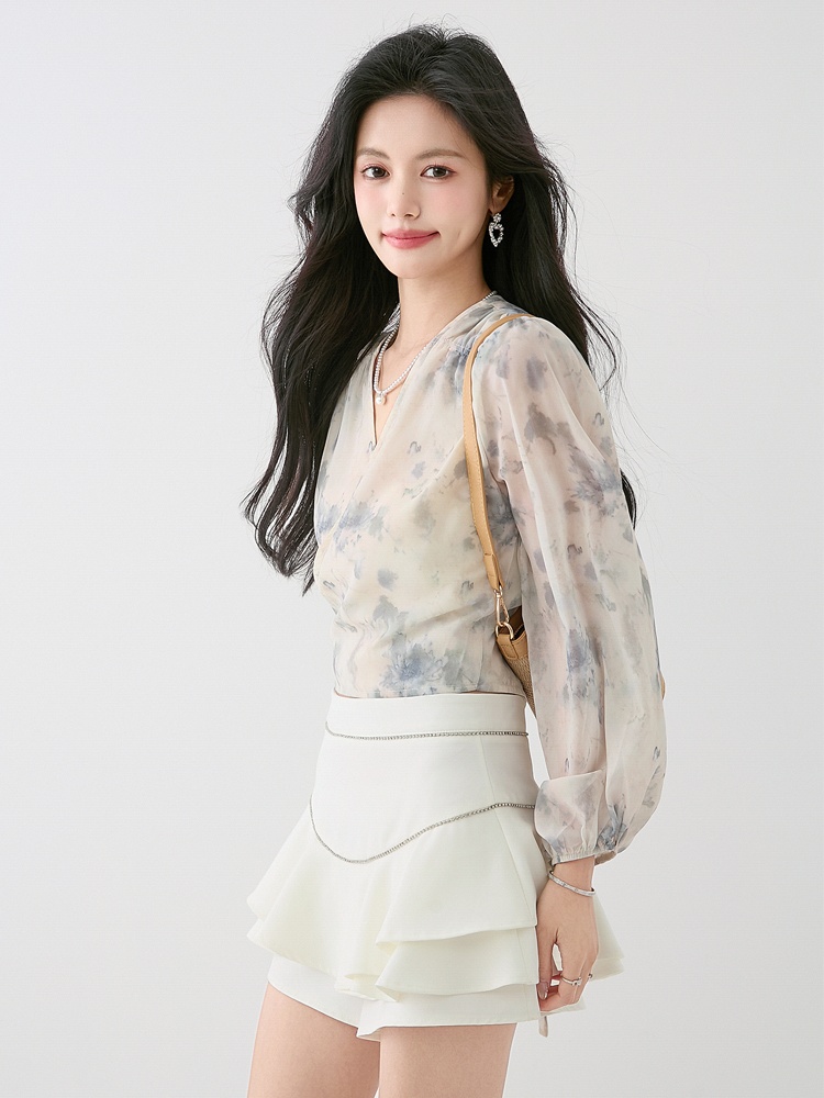 Cross ink pinched waist chiffon shirt autumn lantern sleeve shirt
