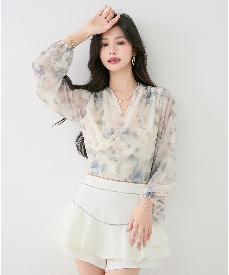 Cross ink pinched waist chiffon shirt autumn lantern sleeve shirt
