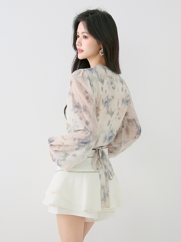 Cross ink pinched waist chiffon shirt autumn lantern sleeve shirt