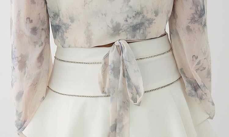 Cross ink pinched waist chiffon shirt autumn lantern sleeve shirt