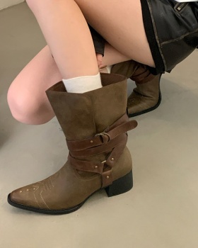 Middle-heel belt buckle boots France style short boots