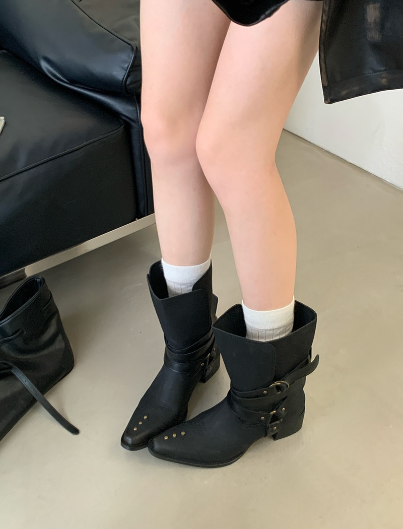 Middle-heel belt buckle boots France style short boots