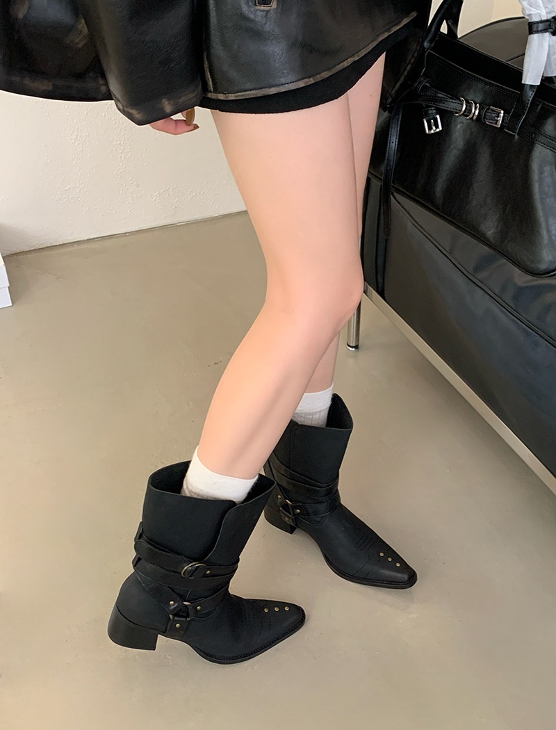 Middle-heel belt buckle boots France style short boots