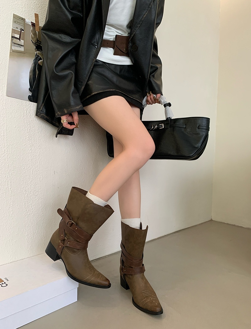 Middle-heel belt buckle boots France style short boots