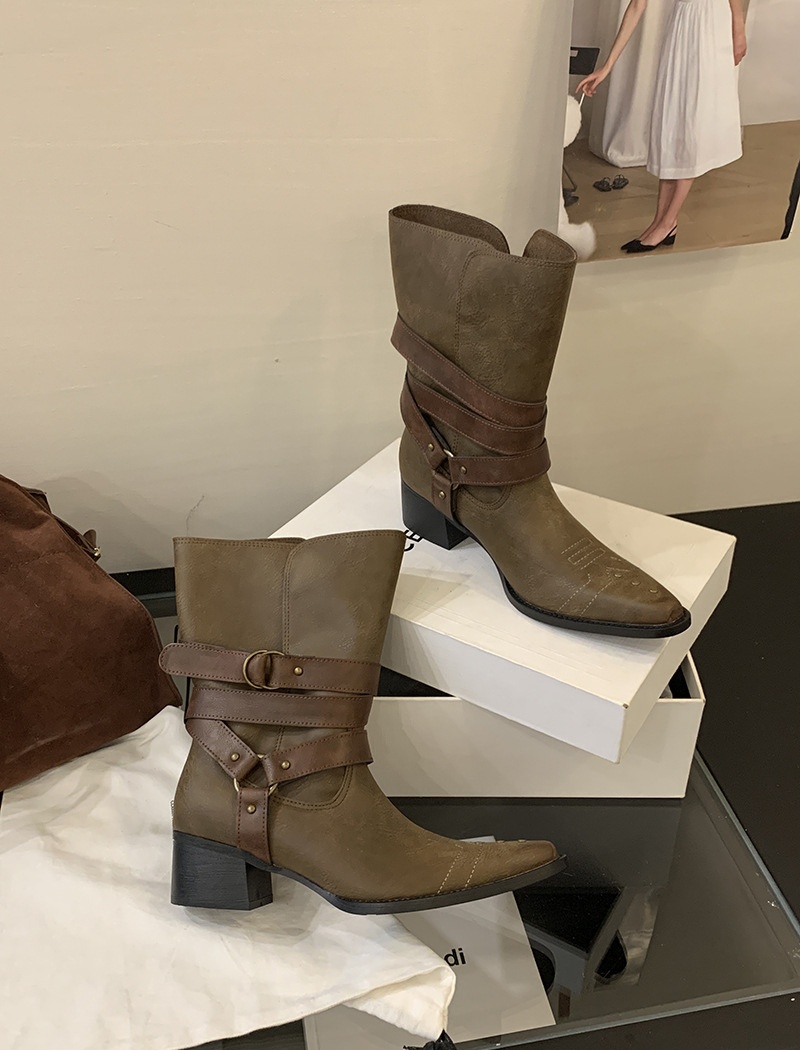 Middle-heel belt buckle boots France style short boots