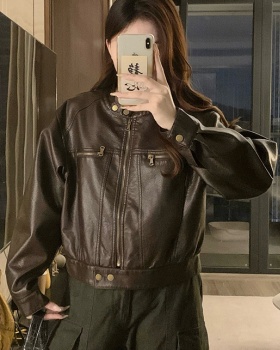 PU retro loose jacket cstand collar short leather coat