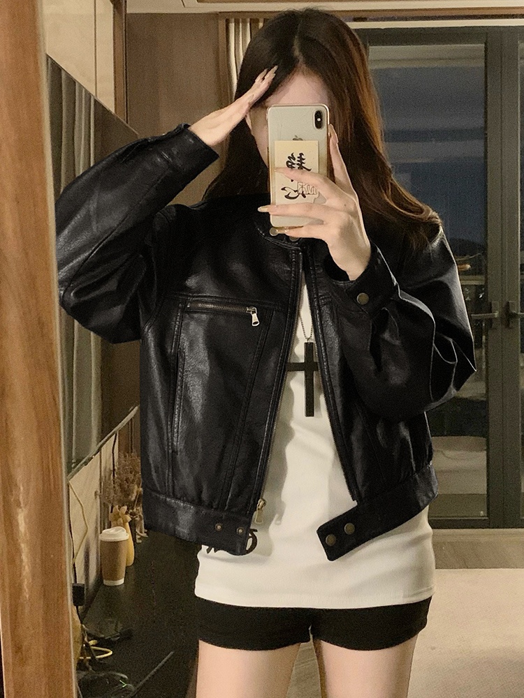PU retro loose jacket cstand collar short leather coat