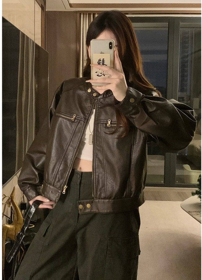 PU retro loose jacket cstand collar short leather coat