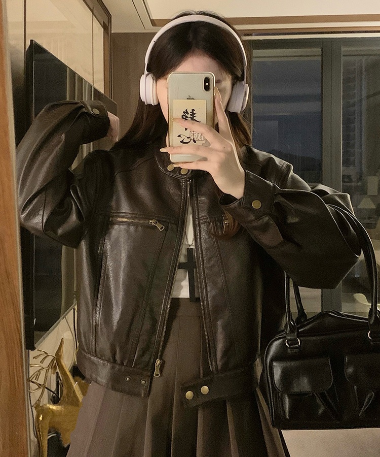PU retro loose jacket cstand collar short leather coat