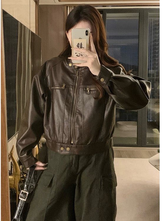 PU retro loose jacket cstand collar short leather coat