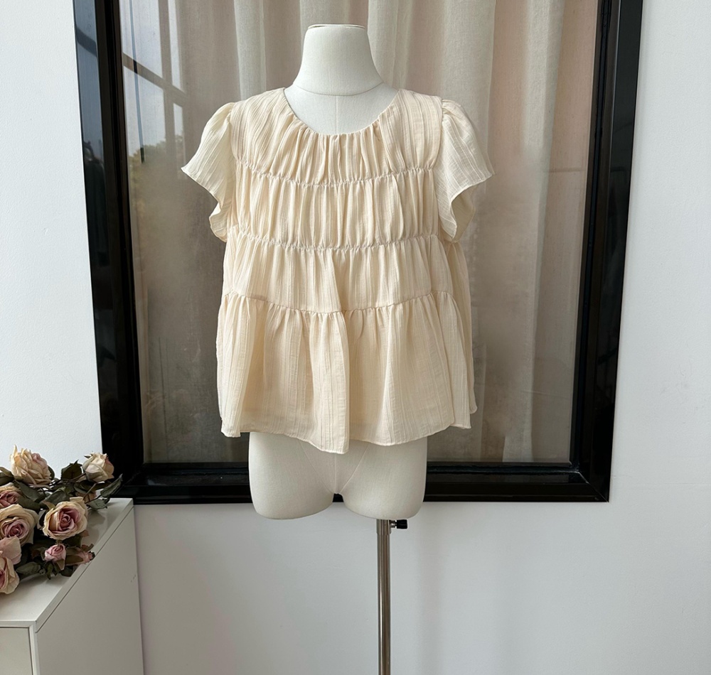Round neck loose boats sleeve fold tops