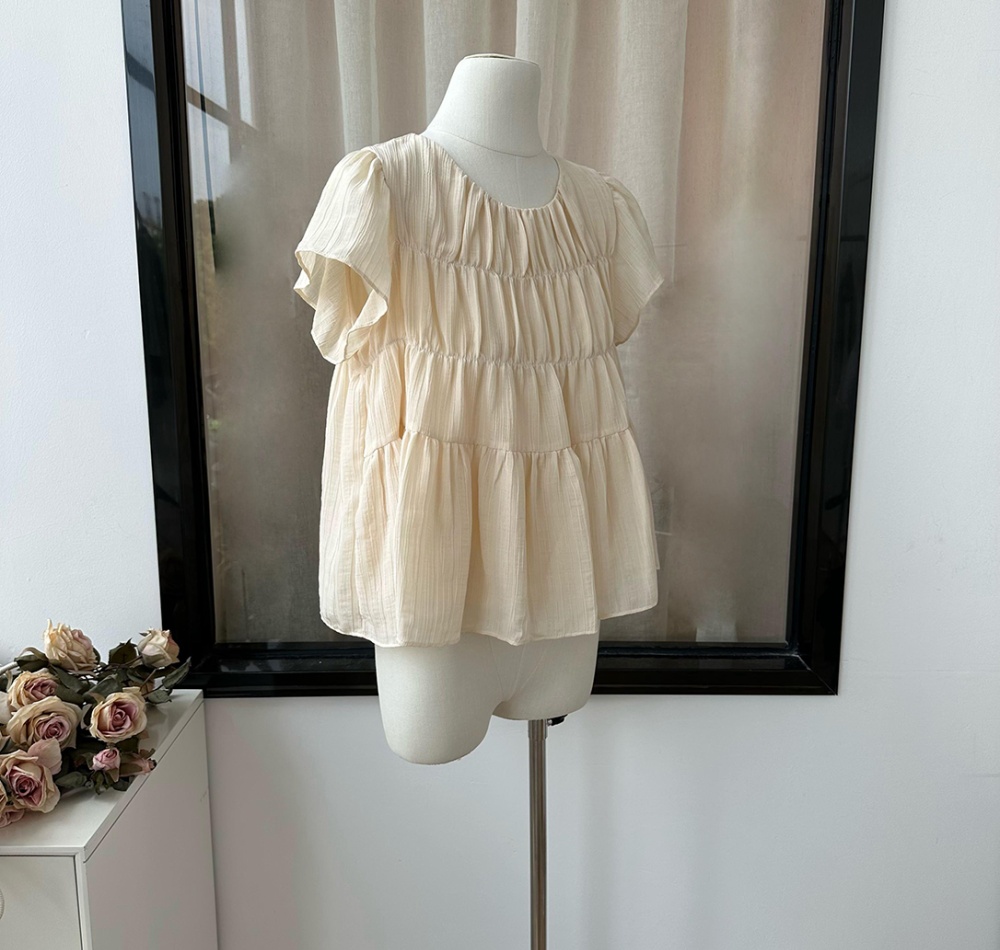 Round neck loose boats sleeve fold tops