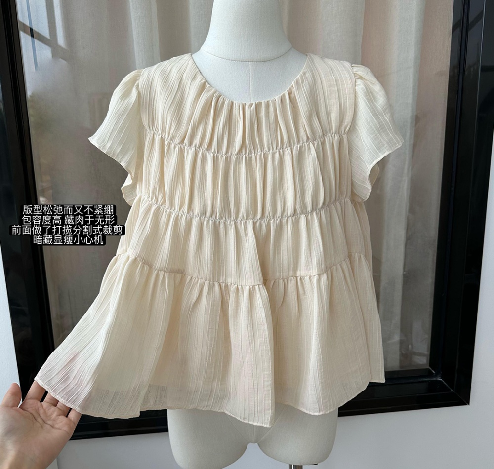 Round neck loose boats sleeve fold tops