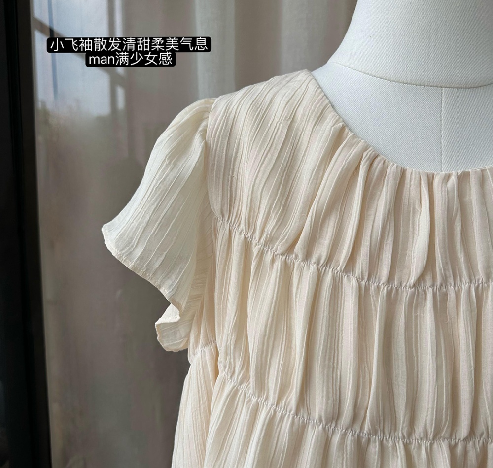 Round neck loose boats sleeve fold tops