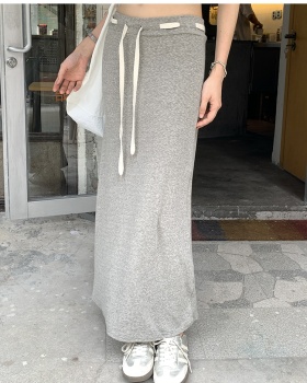 Drawstring long high waist A-line gray skirt for women