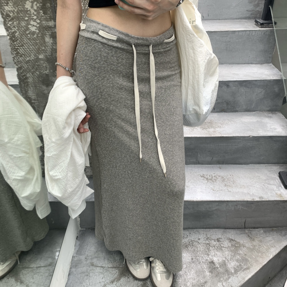 Drawstring long high waist A-line gray skirt for women