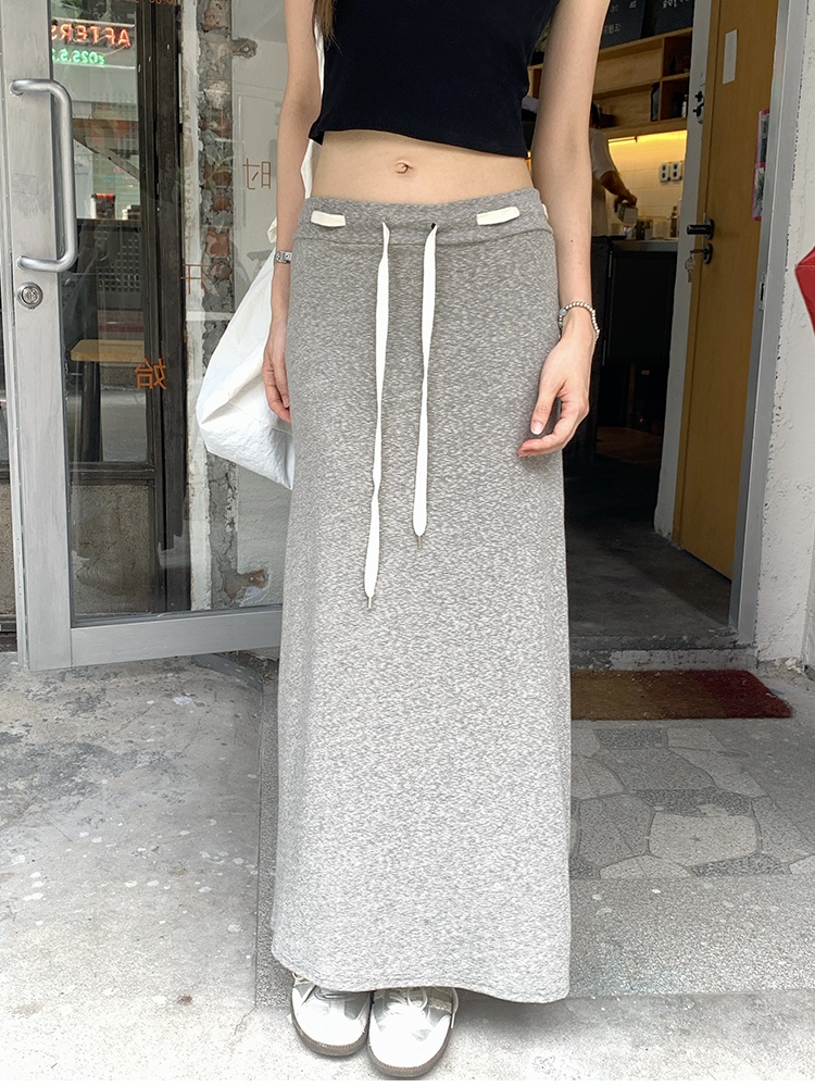 Drawstring long high waist A-line gray skirt for women
