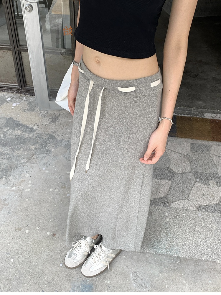 Drawstring long high waist A-line gray skirt for women
