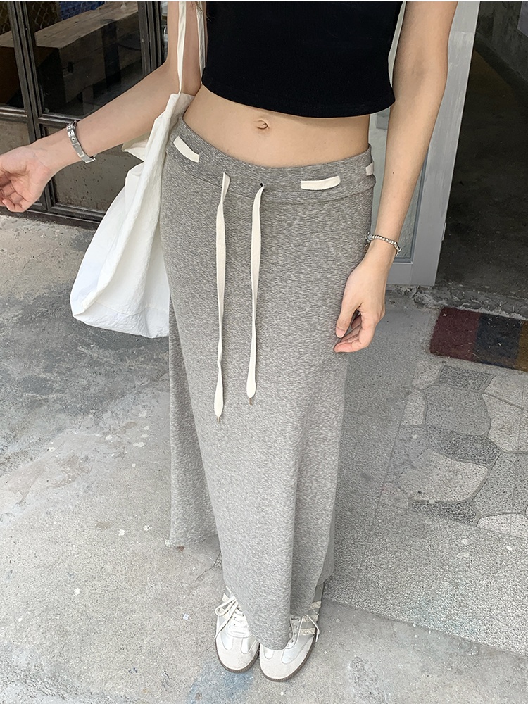 Drawstring long high waist A-line gray skirt for women