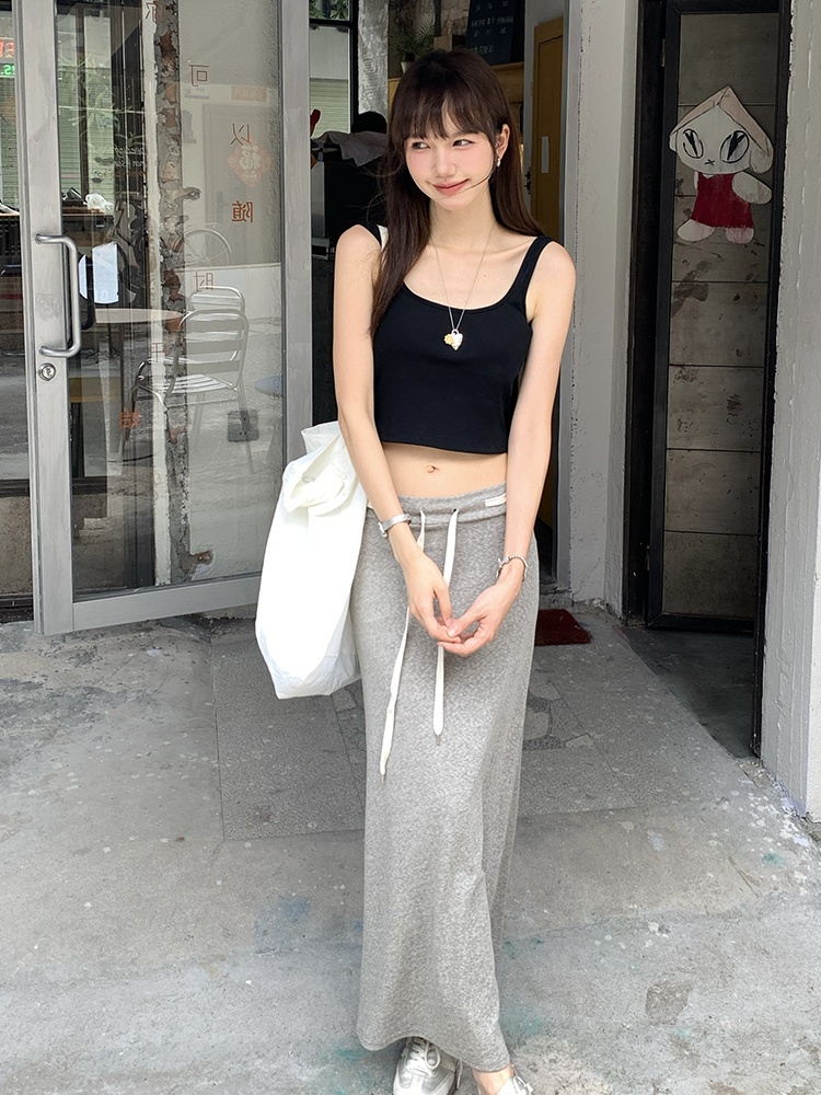 Drawstring long high waist A-line gray skirt for women