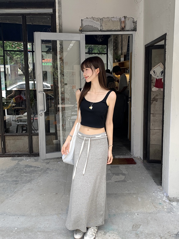 Drawstring long high waist A-line gray skirt for women