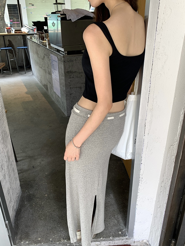 Drawstring long high waist A-line gray skirt for women