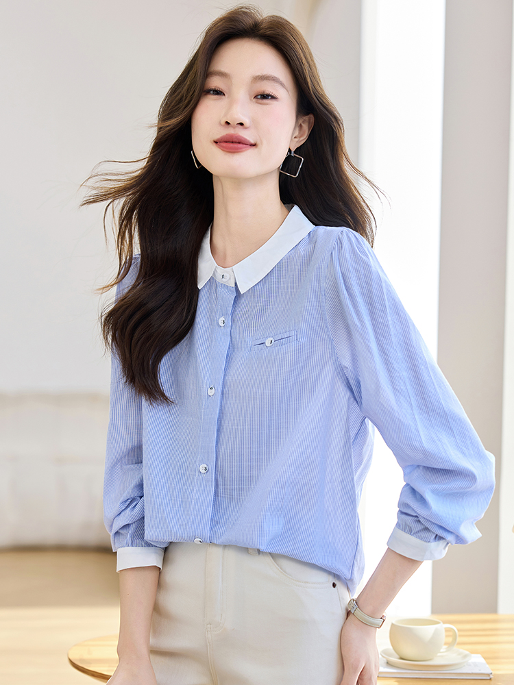 Vertical stripes long sleeve shirt autumn tops for women