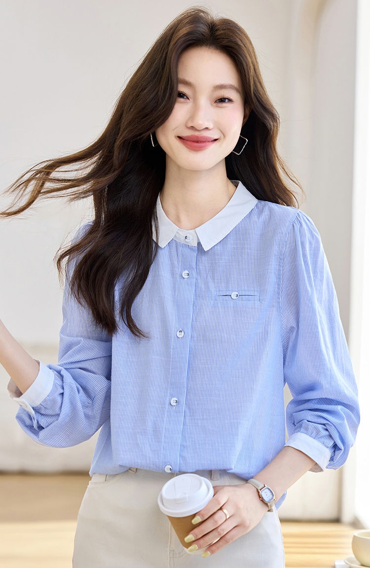 Vertical stripes long sleeve shirt autumn tops for women